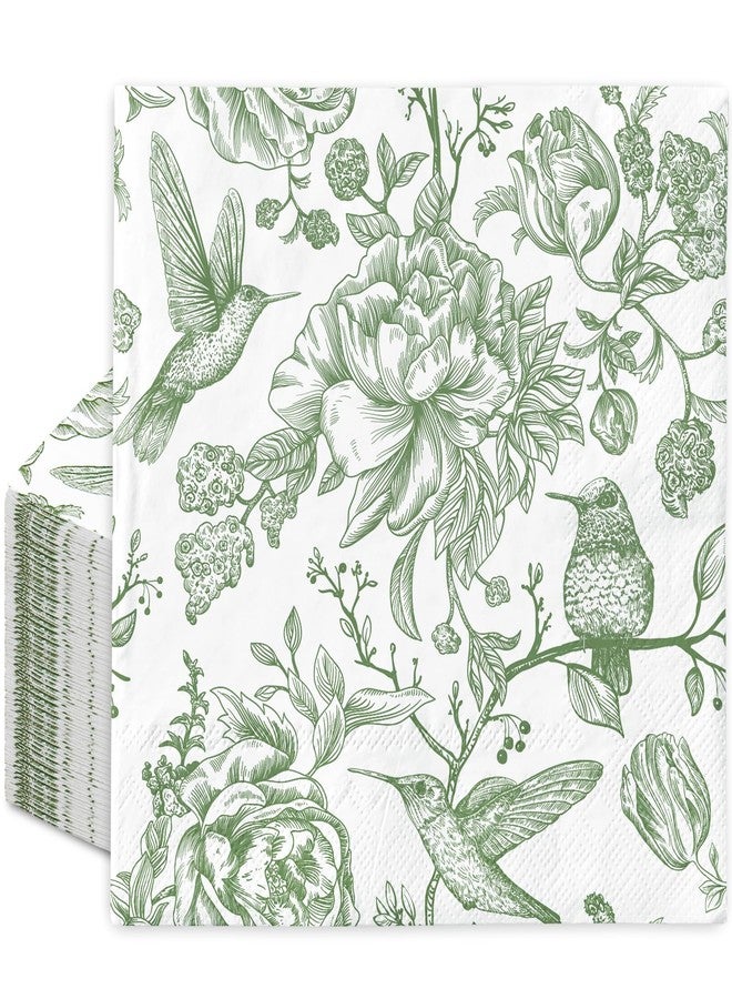 JarThenaAMCS مناديل ورقية للاستخدام مرة واحدة من JarThenaAMCS، 50 قطعة، مزينة بنقوش زهور وطيور، باللونين الأخضر والأبيض، مثالية للمشروبات والحفلات المنزلية. - Image 1